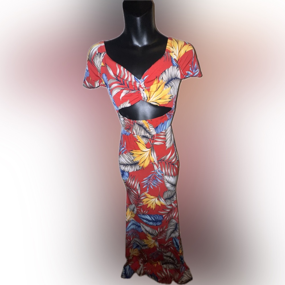 Women’s red tropical long maxi dress with cut out stomach